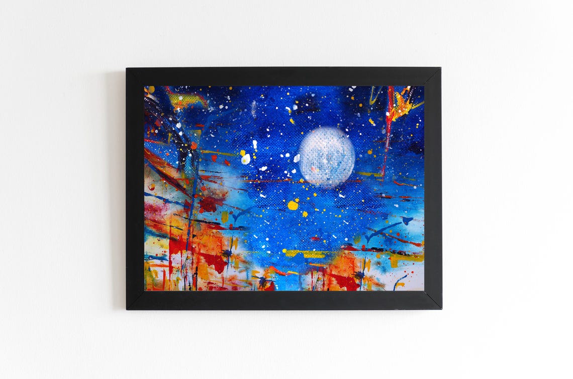 Hand Draw Painting Abstract Art Panorama Moon Background Colors Texture Design Illustration Wall Art Print Art - Image 3