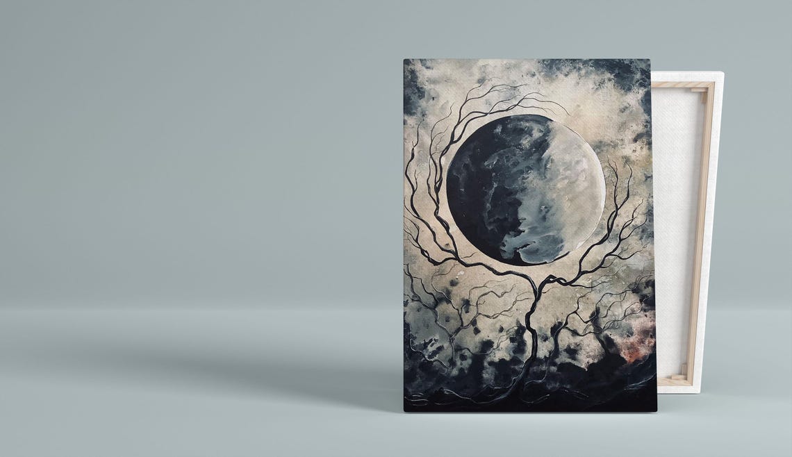 Full Moon Behind Twisted Tree Branches Moody Gothic Night Sky Poster - Image 3