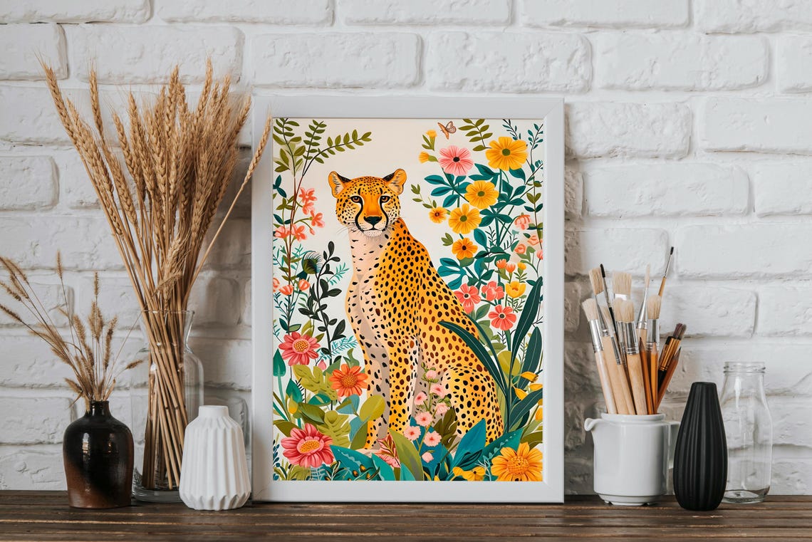Cheetah Among Tropical Flowers Botanical Style Boho Wildlife Wall Art - Image 3