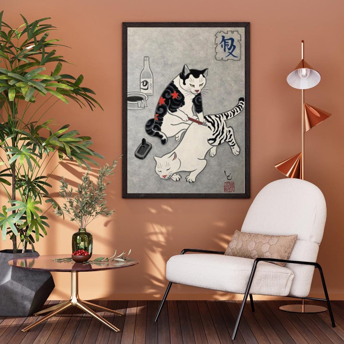 Tattoo Artist Cat Painting Tiger Stripes on White Cat Funny Poster - Image 2