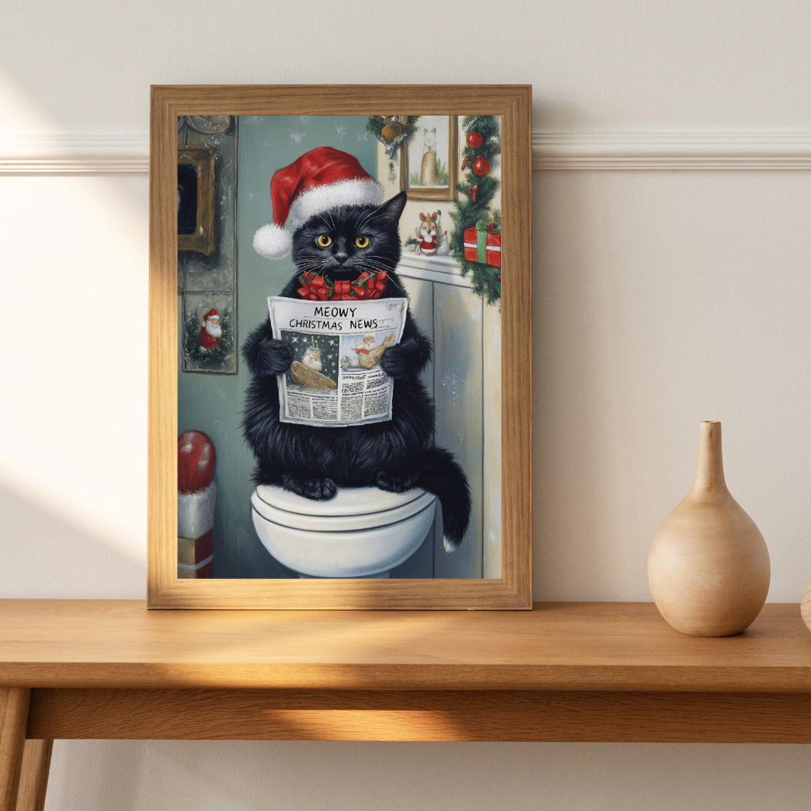 Meowy Christmas News Black Cat Santa Funny Holiday Scene Poster - Image 3