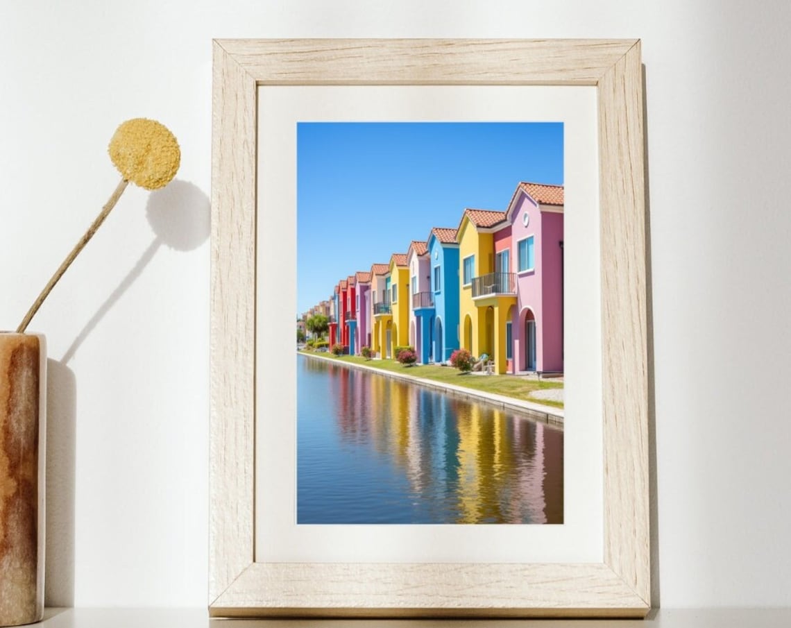Colorful Canal Houses Water Reflection Mediterranean Village Art Poster
