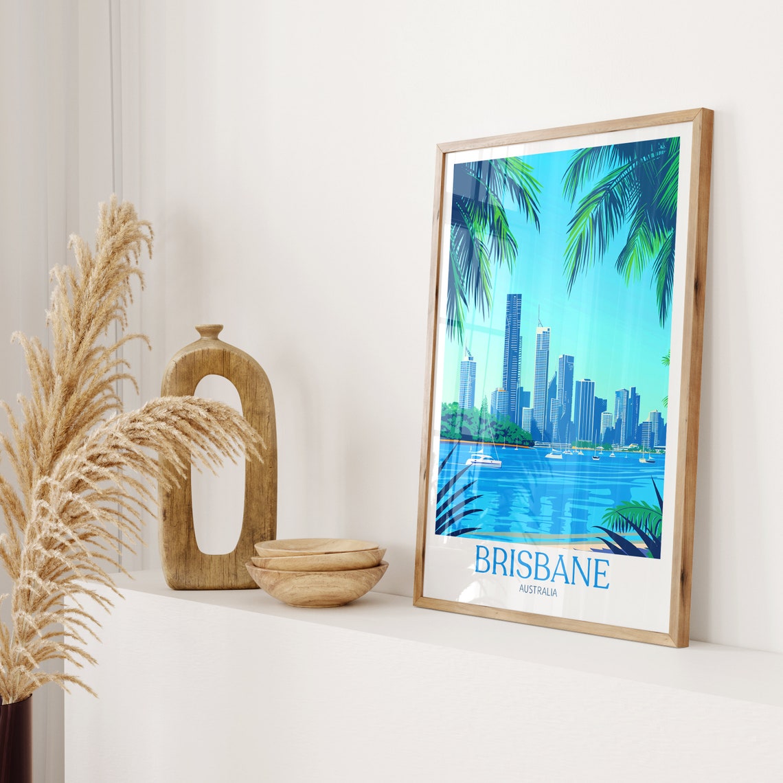 Brisbane Australia Skyline over the River with Palm Trees Poster - Image 2