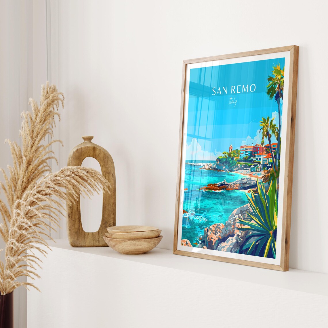San Remo Italy Italian Riviera Rocky Shore Palm Seaside Poster - Image 2