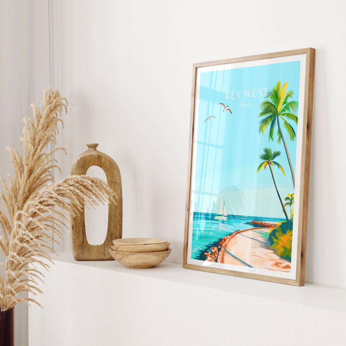 Key West Florida Beach Sailboat and Palm Trees Travel Poster - Image 2
