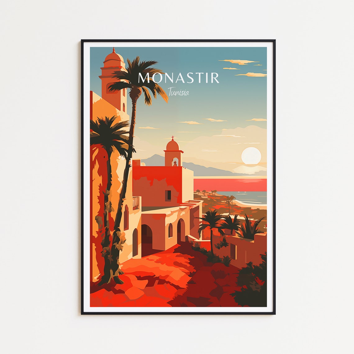 Monastir Tunisia Old Town Red Sunset Palms Mediterranean Ocean Poster