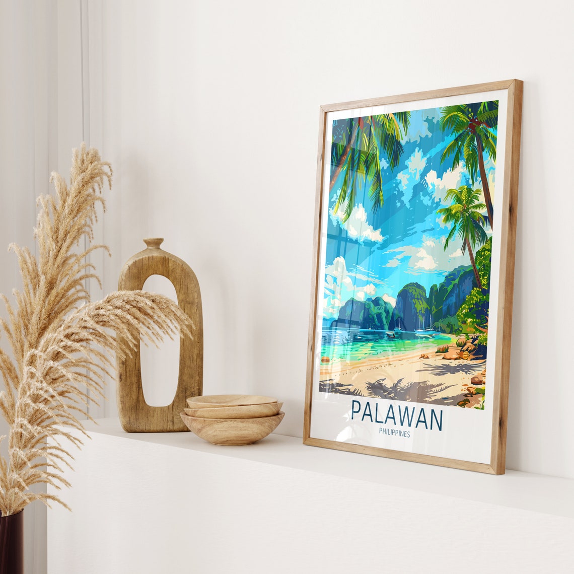 Palawan Philippines Palm Beach Karst Mountains Boats Bay Poster - Image 2