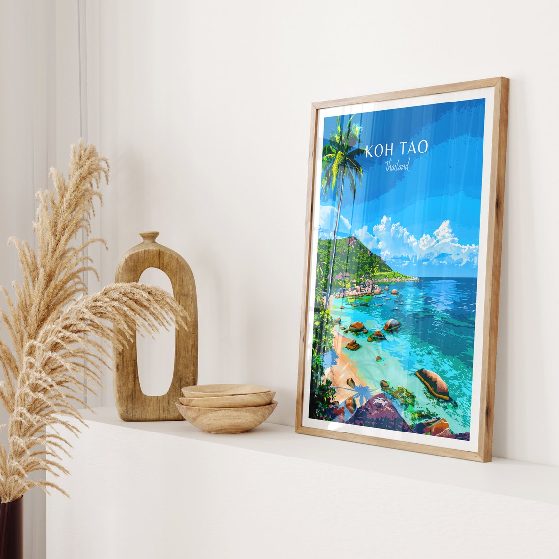 Koh Tao Thailand Boulder Rocky Beach with a Tall Palm Poster - Image 2