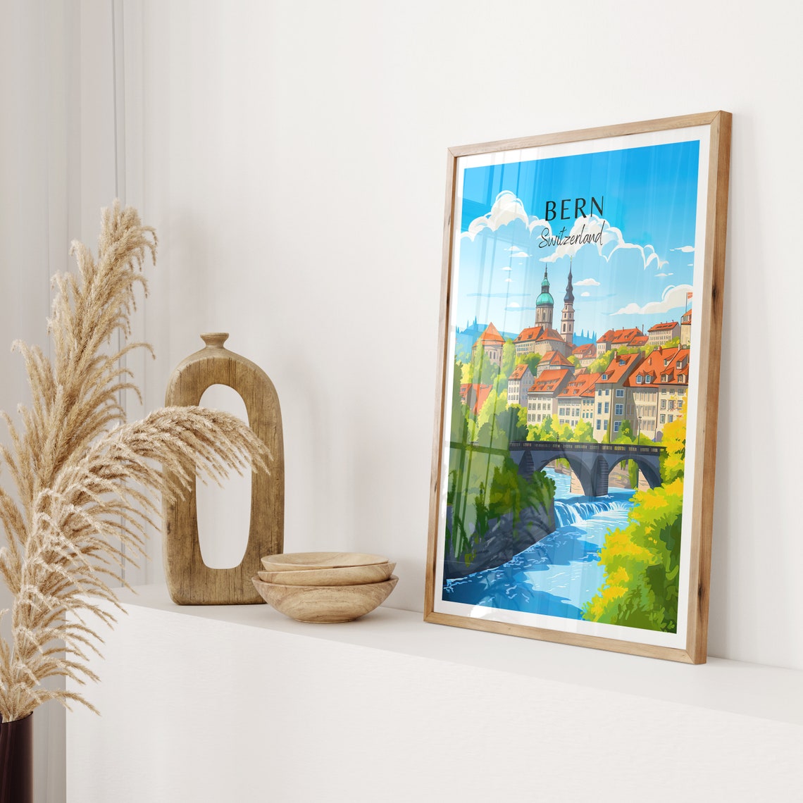 Bern Switzerland Travel Poster Old Town River Bridge Cathedral View - Image 2