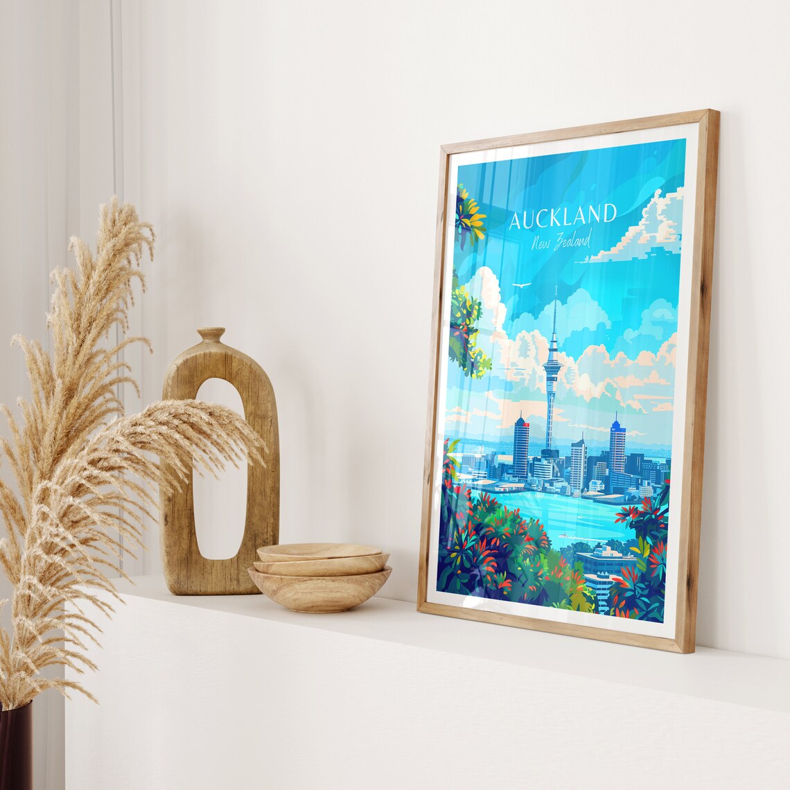 Auckland Sky Tower Skyline New Zealand Bright Tropical Poster - Image 2