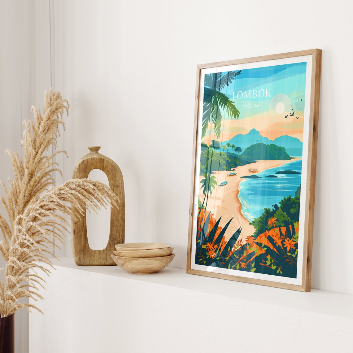Lombok Indonesia Curving Beach with Boats and Green Hills Poster - Image 2