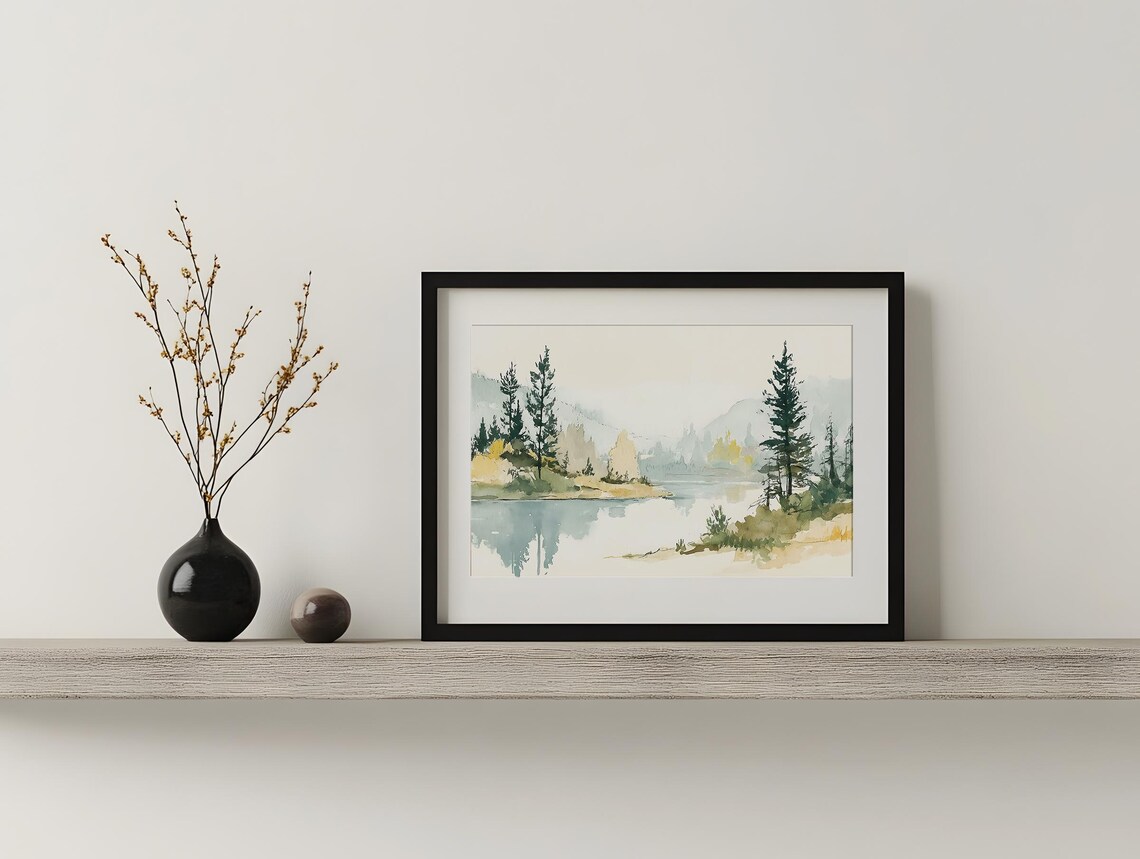 Simple Watercolor Lake Painting, Serene Landscape - Image 2