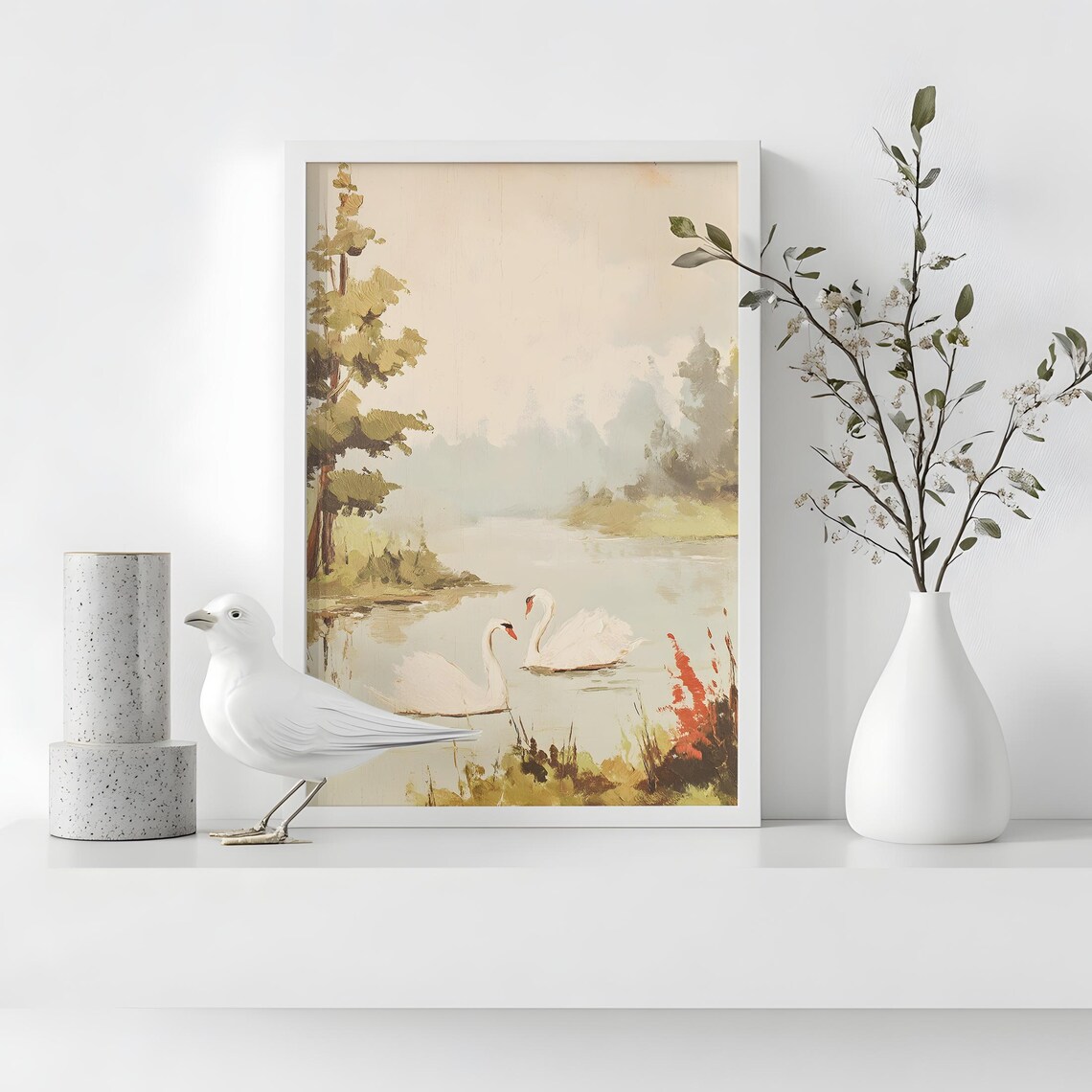 Elegant Swans Painting, Vintage Lake Landscape - Image 3