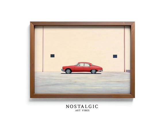 Vintage Red Car, Minimalist Retro Art Print