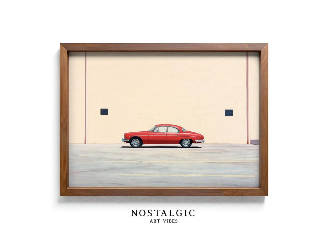Vintage Red Car, Minimalist Retro Art Print