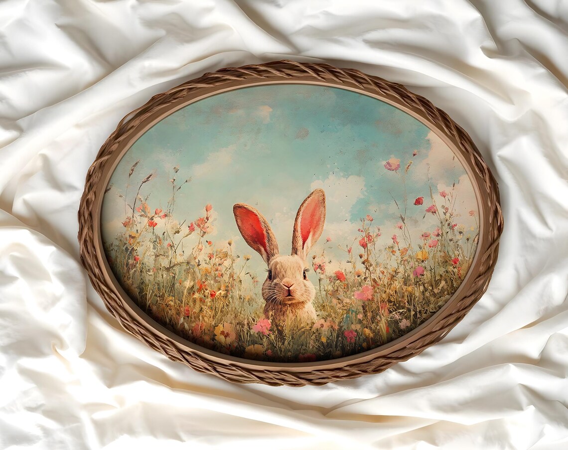 Cute Rabbit With Flowers, Whimsical Spring Art - Image 2