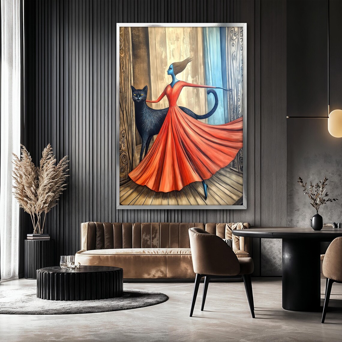 Whimsical Woman and Black Cat Painting, Surreal Art - Image 2