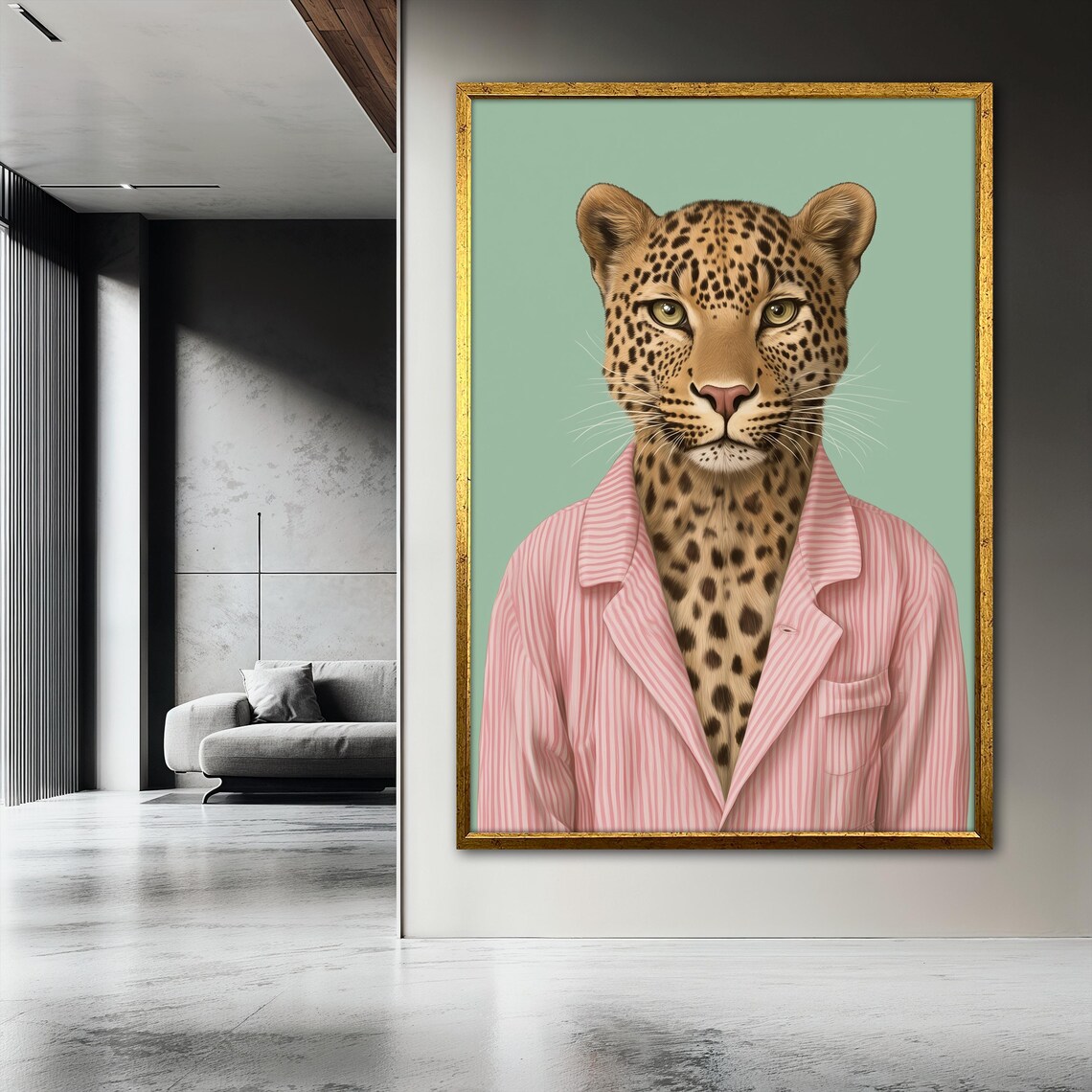 Leopard Painting in Pink Pajamas, Funny Animal Decor - Image 3