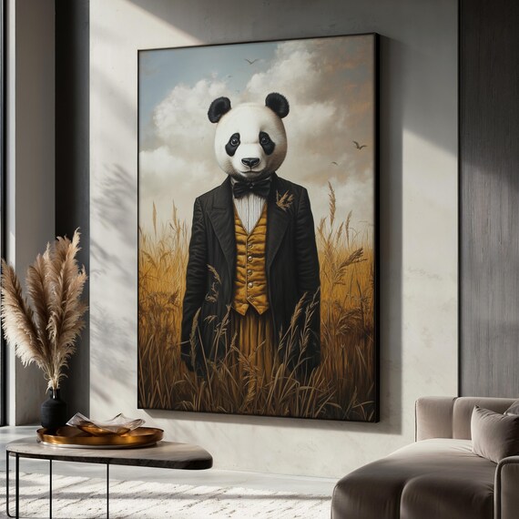 Vintage Panda Painting in Suit, Rustic Field Decor