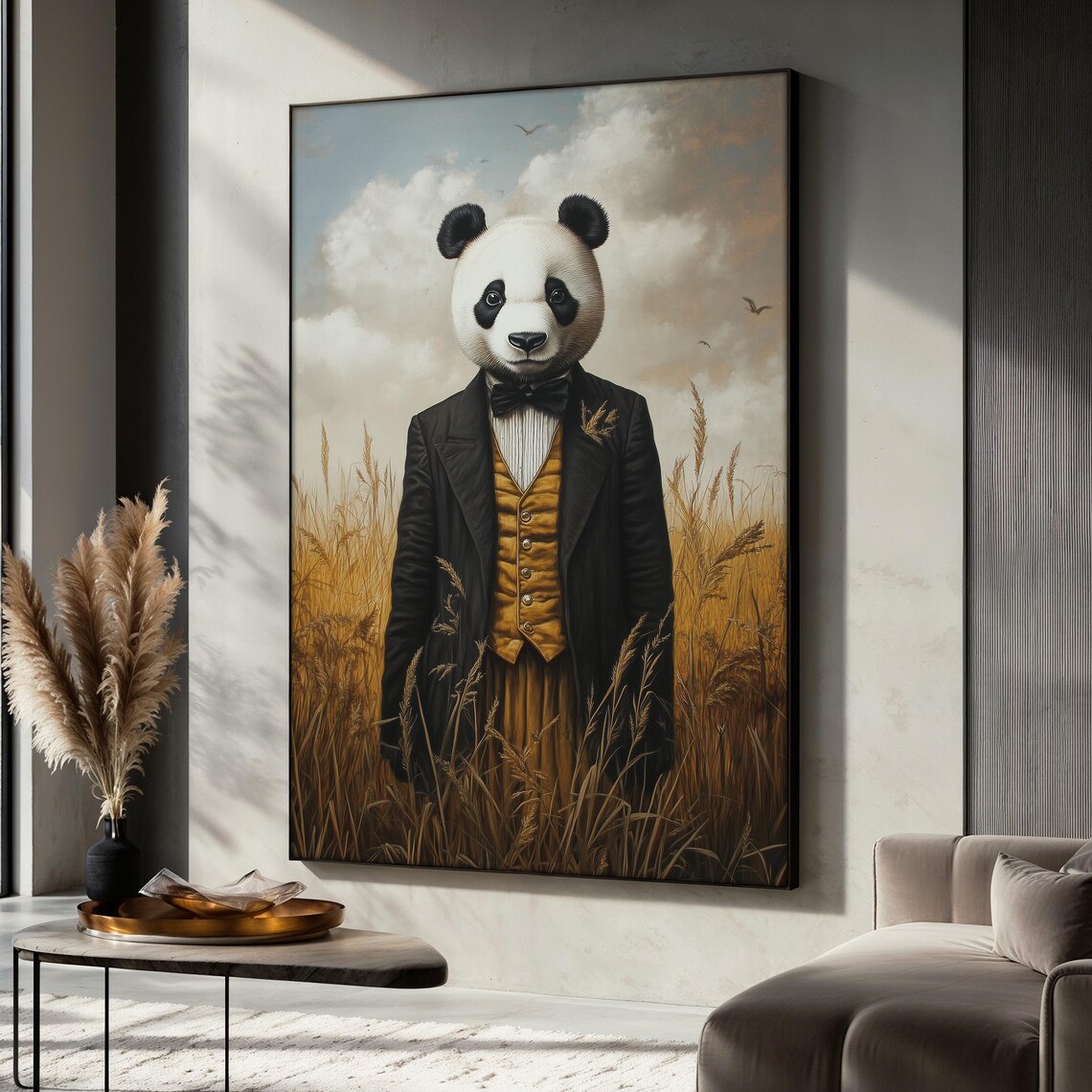Vintage Panda Painting in Suit, Rustic Field Decor
