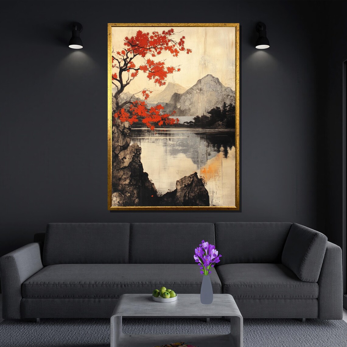 Japanese Landscape, Red Maple & Mountains Ink Style Art Print - Image 3