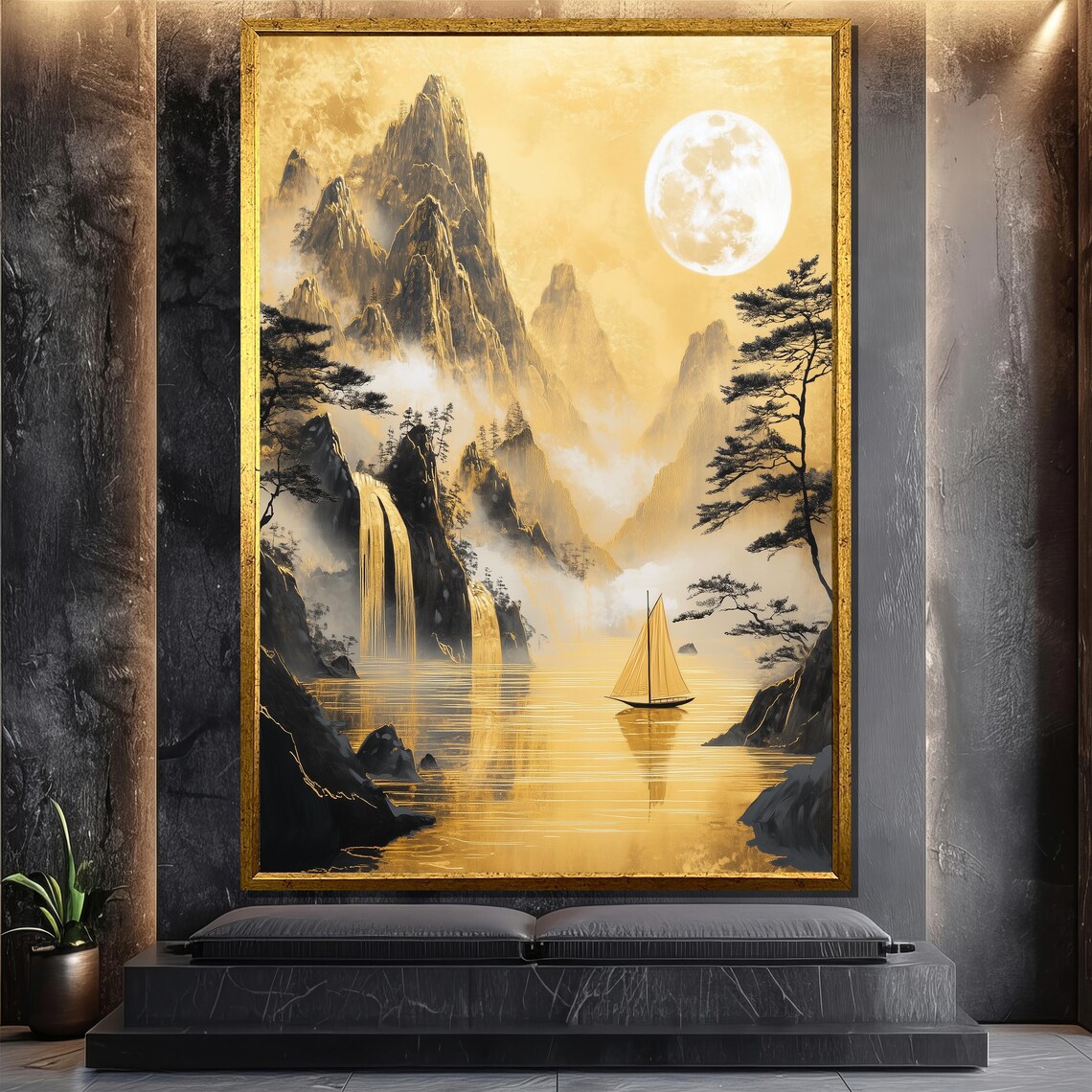 Golden Landscape Painting, Sailboat Full Moon Scene