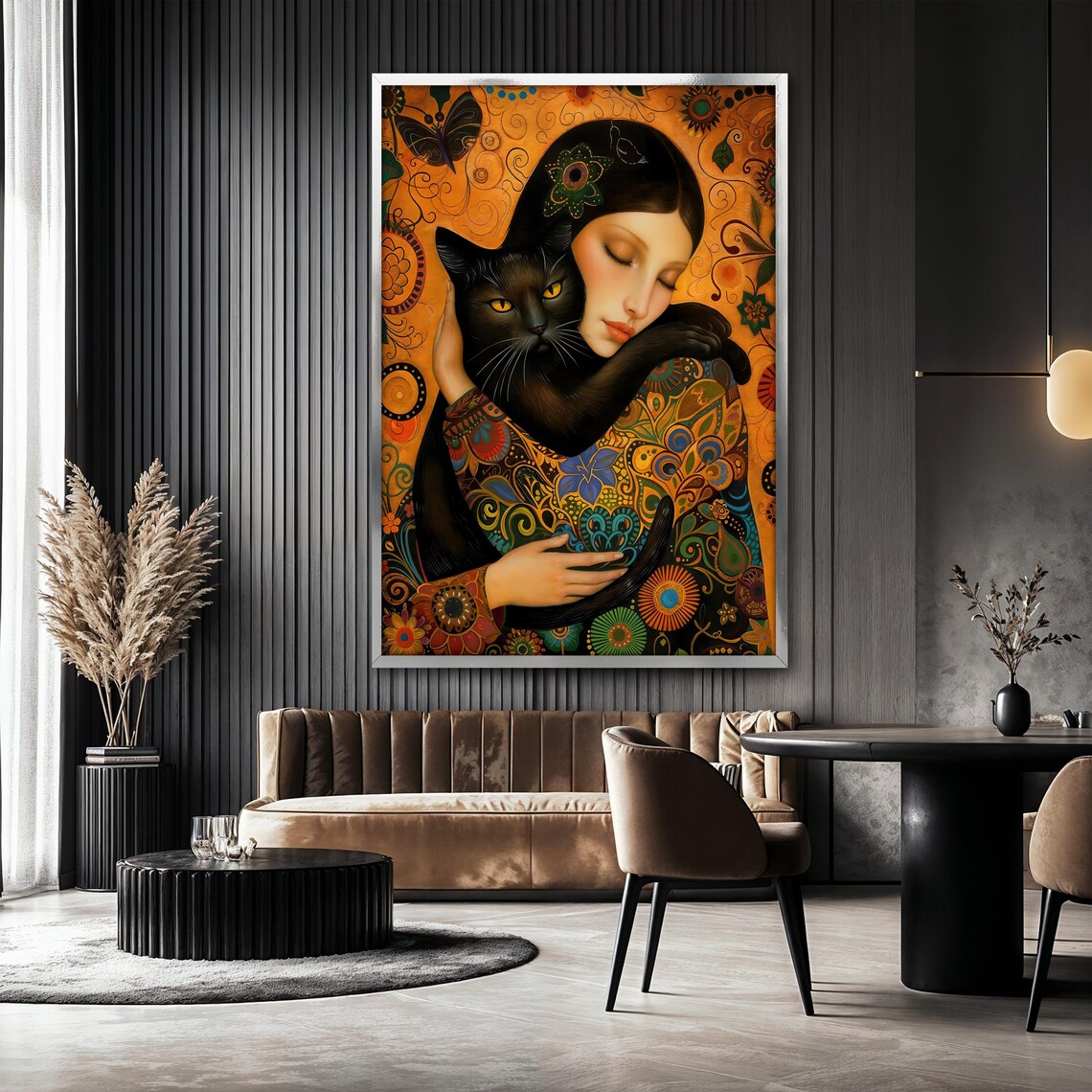 Woman With Black Cat Painting, Bohemian Style - Image 2