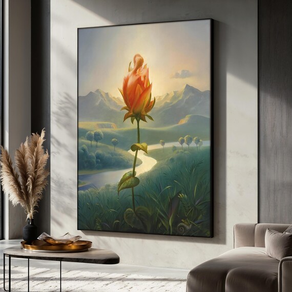 Surreal Giant Rose With Woman Rising in Dream Landscape Poster