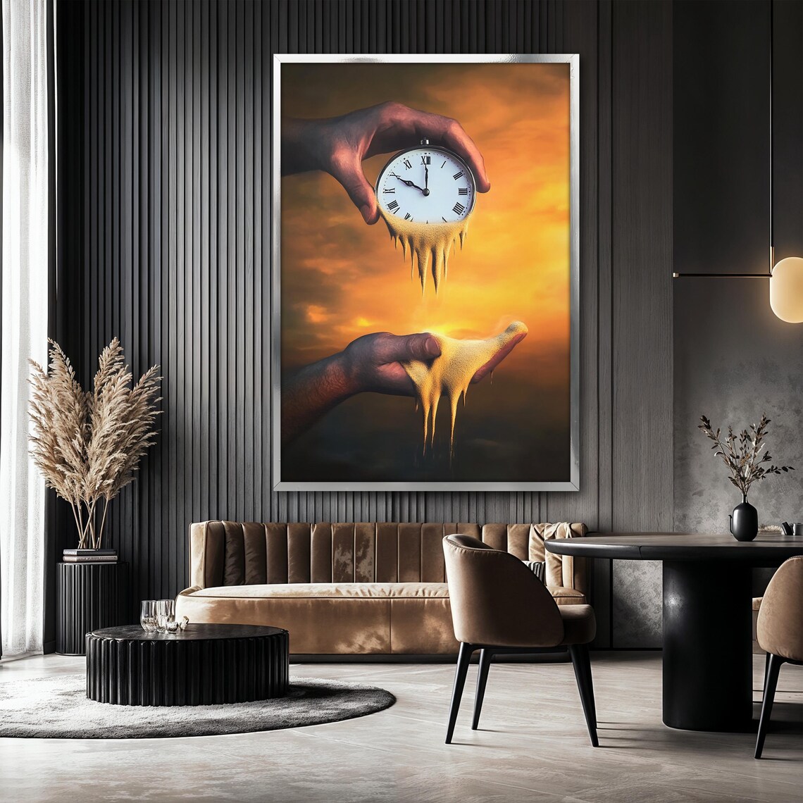 Dreamlike Surreal Melting Clock Dissolving Into Sand at Sunset Poster - Image 2