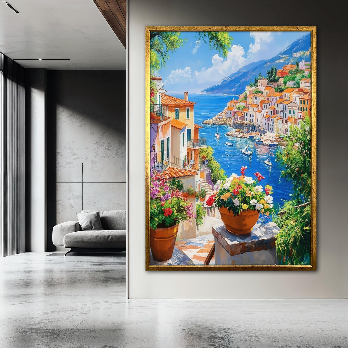 Mediterranean Coastal View Painting, Seaside Landscape - Image 3