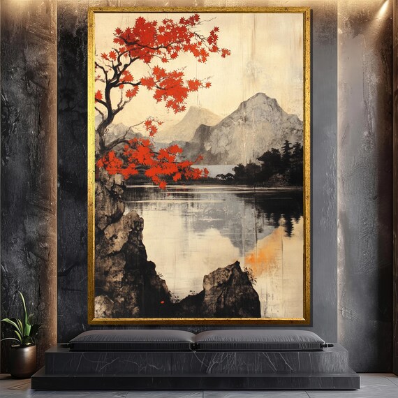 Japanese Landscape, Red Maple & Mountains Ink Style Art Print