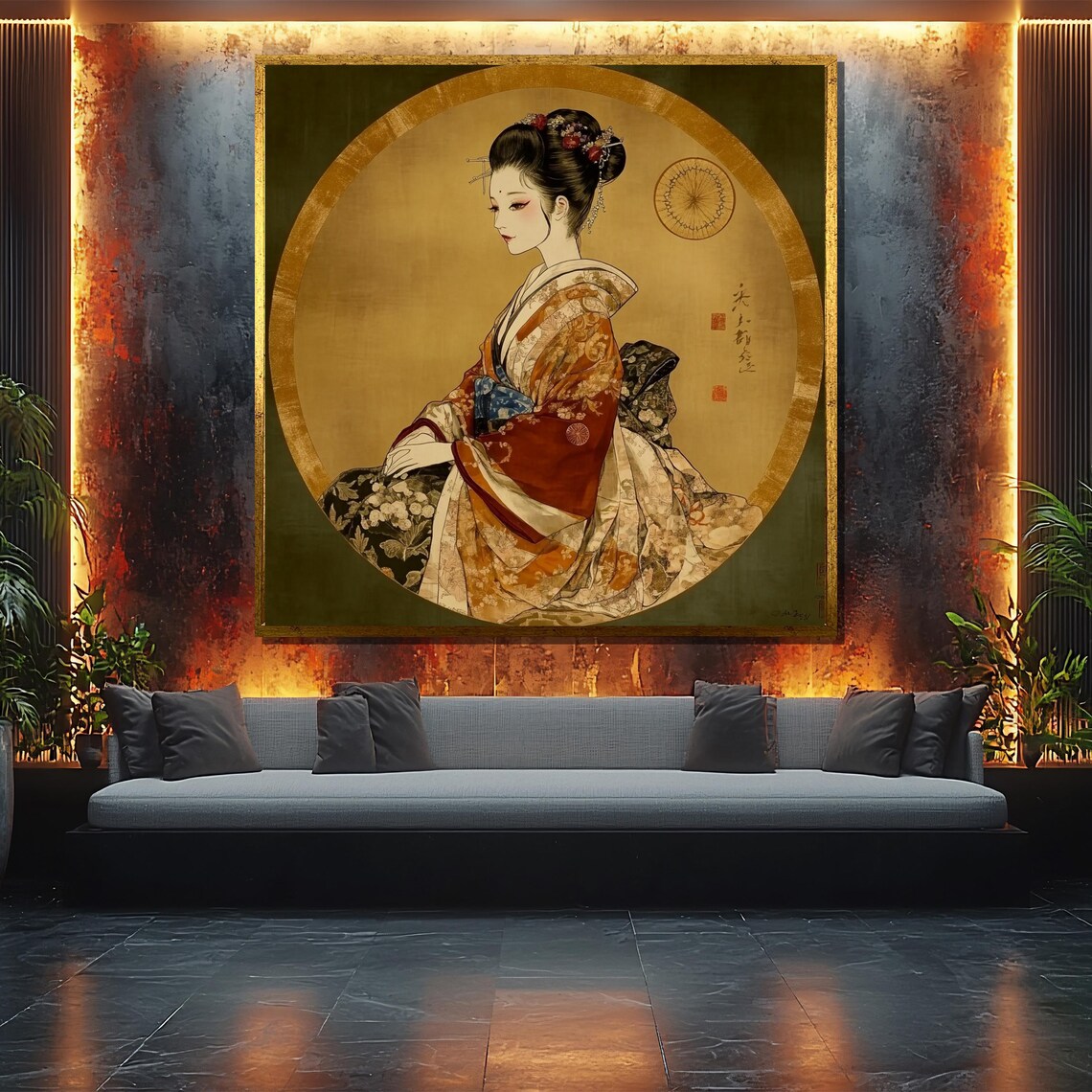 Elegant Japanese Geisha Painting, Traditional Kimono Portrait