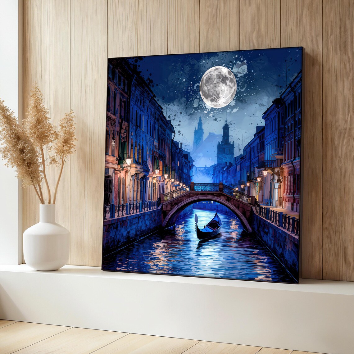 Venice Moonlight Painting, Romantic Gondola Travel Poster