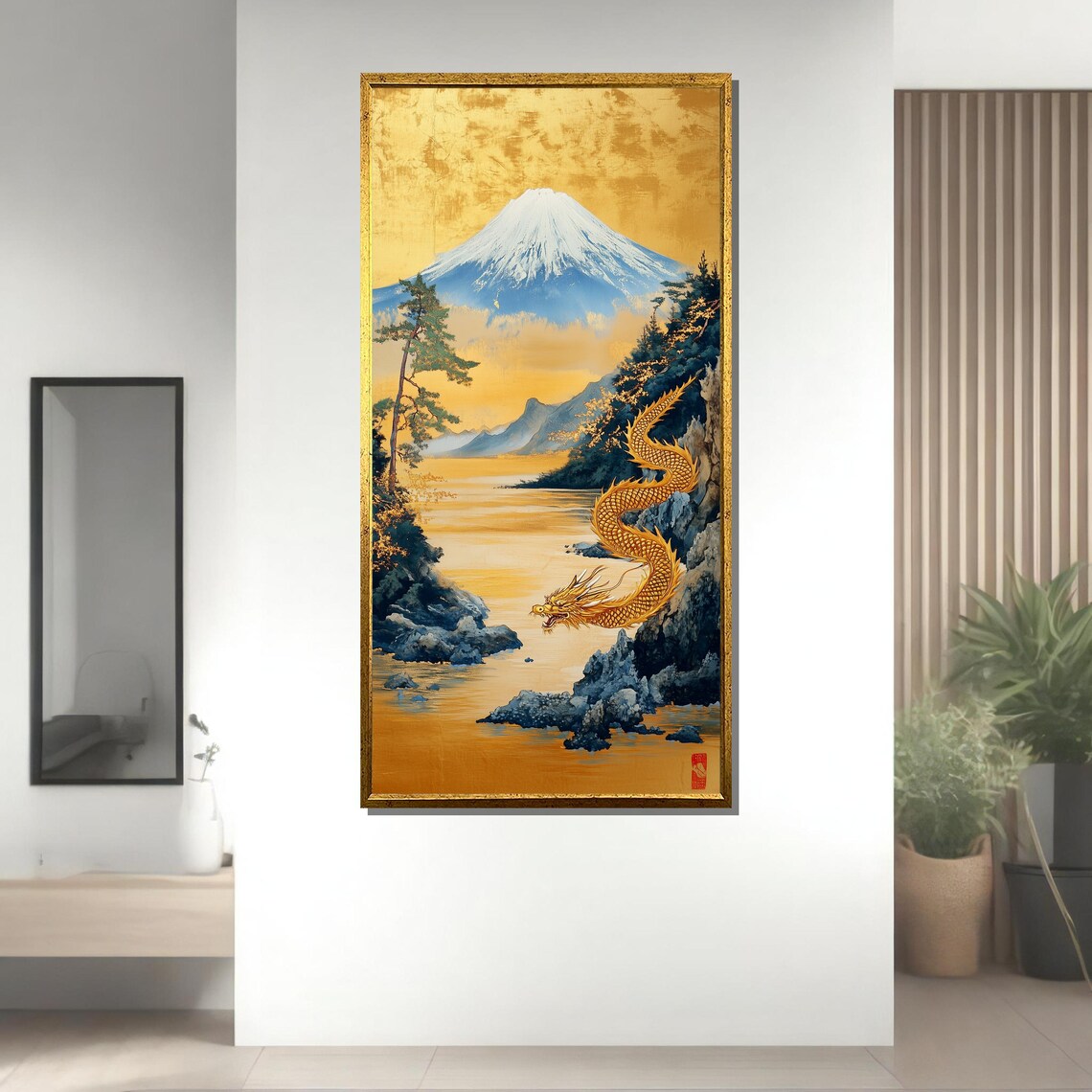 Golden Dragon and Mount Fuji Painting, Japanese Landscape - Image 3