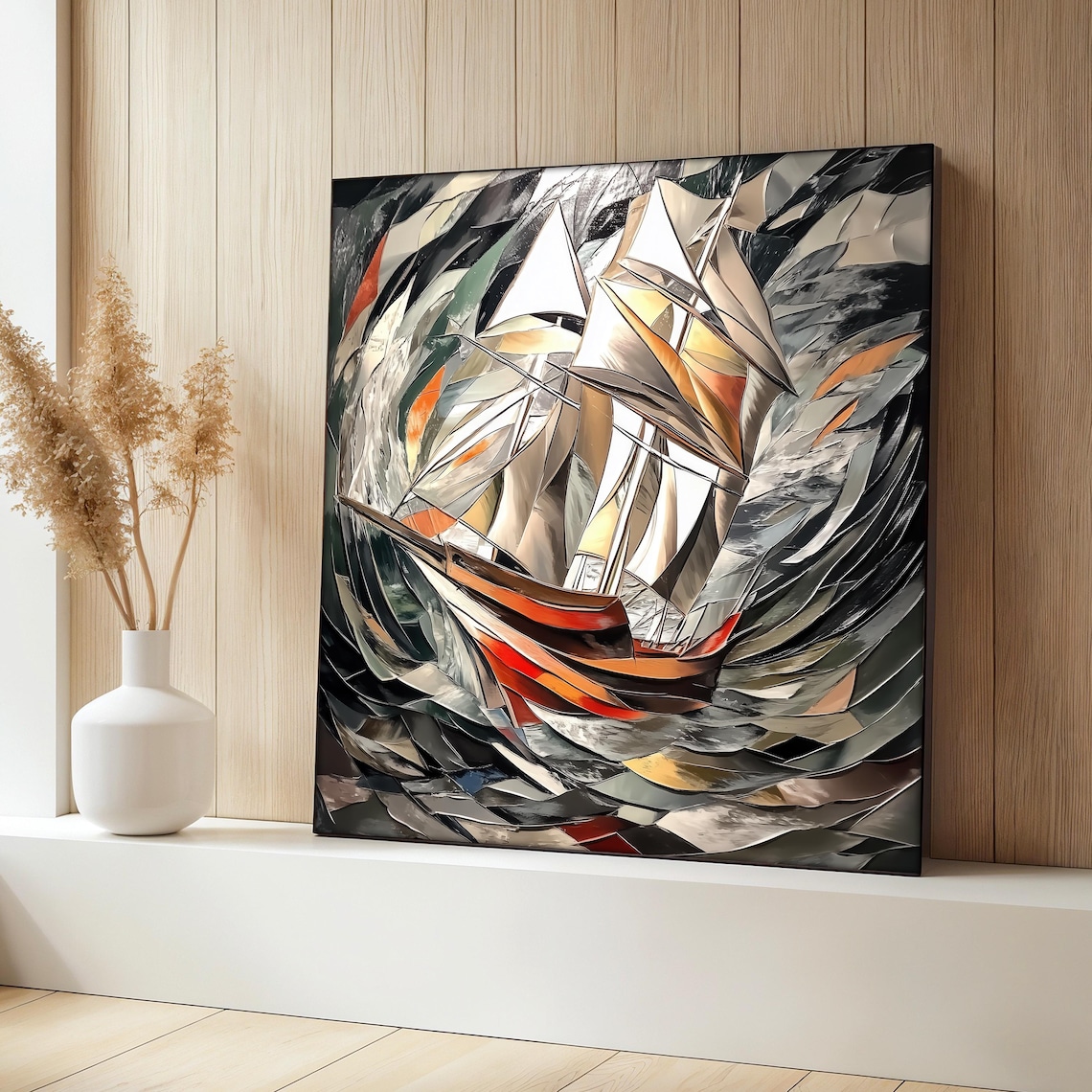 Abstract Sailboat Painting, Coastal Nautical Decor