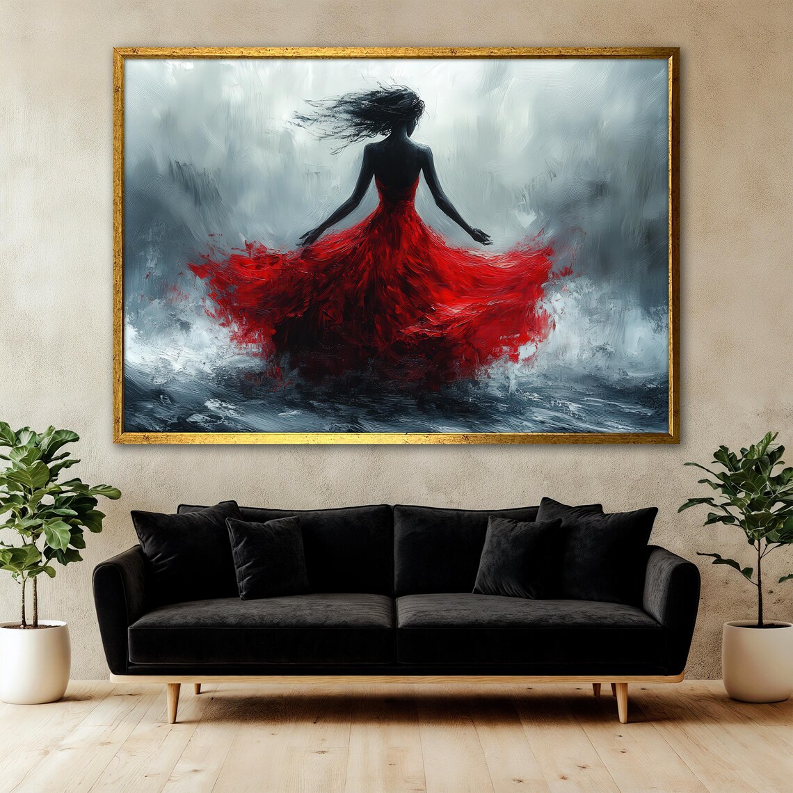 Red Dress Woman Painting, Elegant Modern Artwork - Image 3