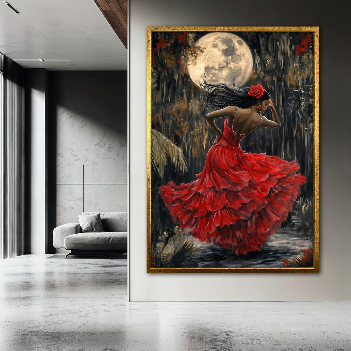 Mystical Woman in Red Dress, Moonlight Dance Art Print - Image 3