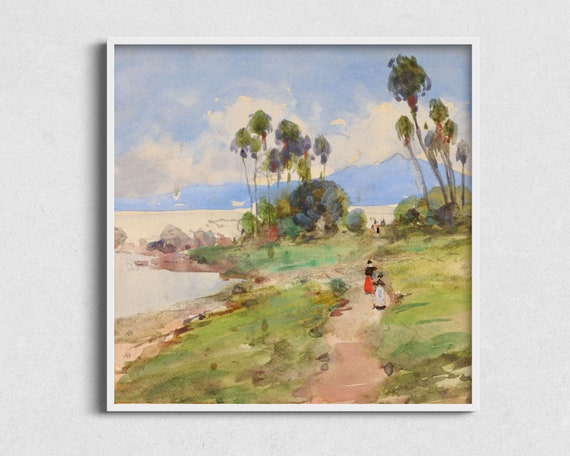 Square Tropical Watercolor Art Vintage Painting Antique Beach Print