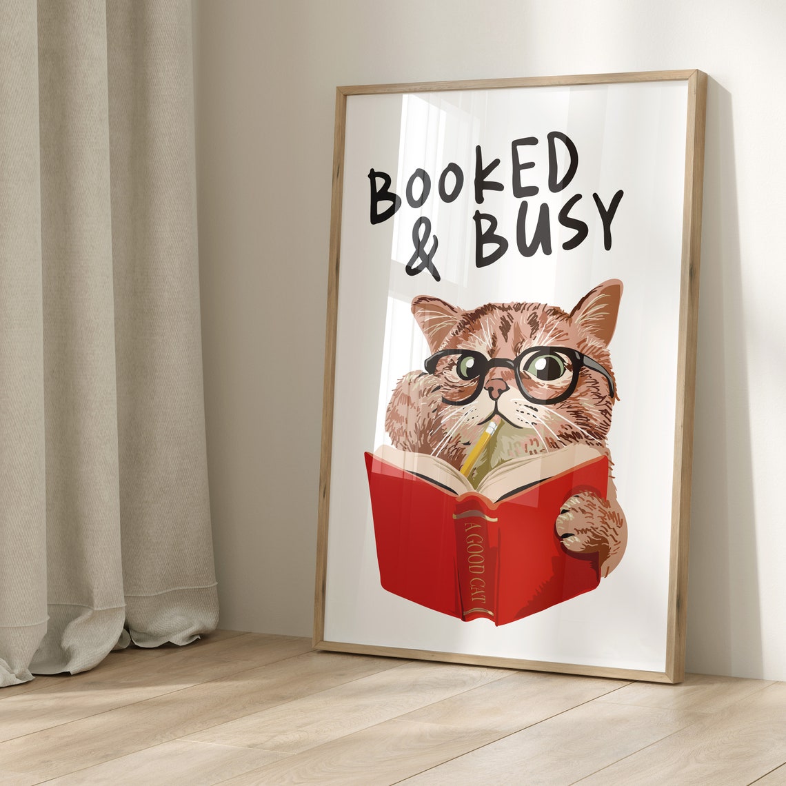 Booked And Busy Reading Cat With Glasses Funny Book Lover Poster - Image 2