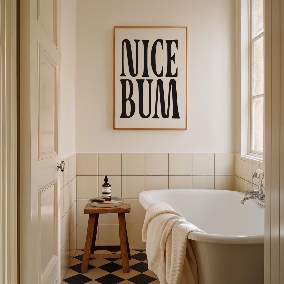 Nice Bum Funny Bold Serif Typography Black White Bathroom Wall Print
