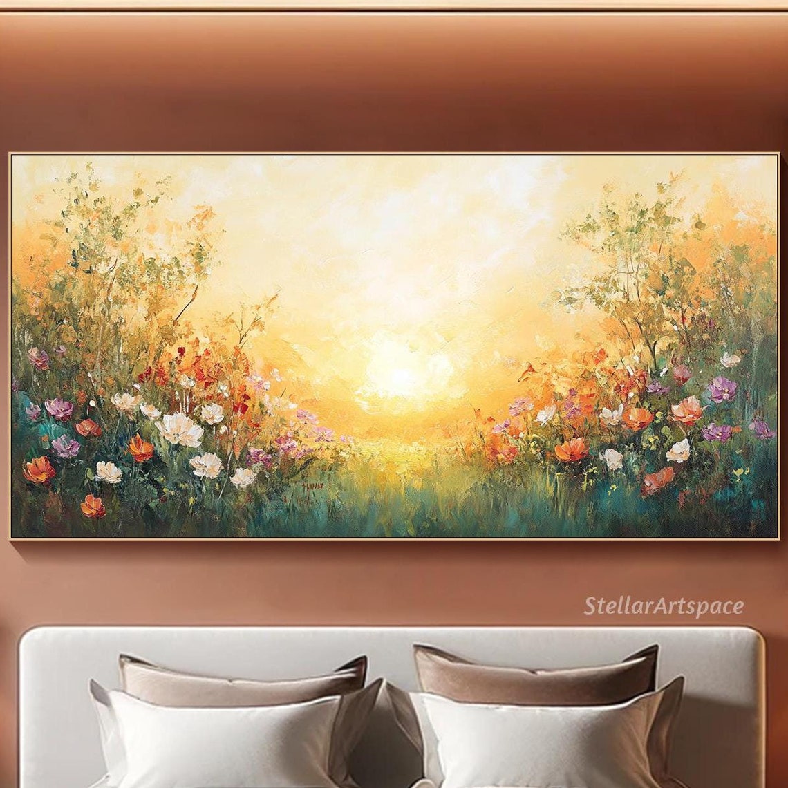 Sunlit Wildflower Meadow Path Golden Sunrise Impressionist Poster