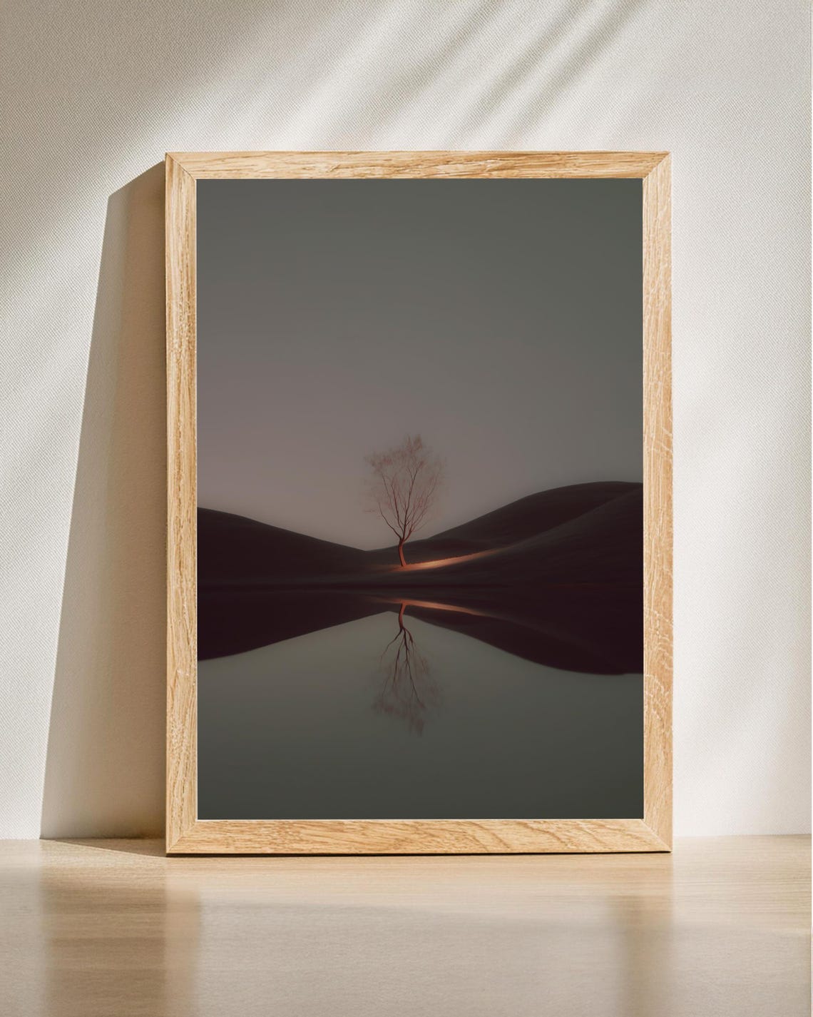 Lone Bare Tree Reflection Dark Moody Hills Minimalist Night Wall Art