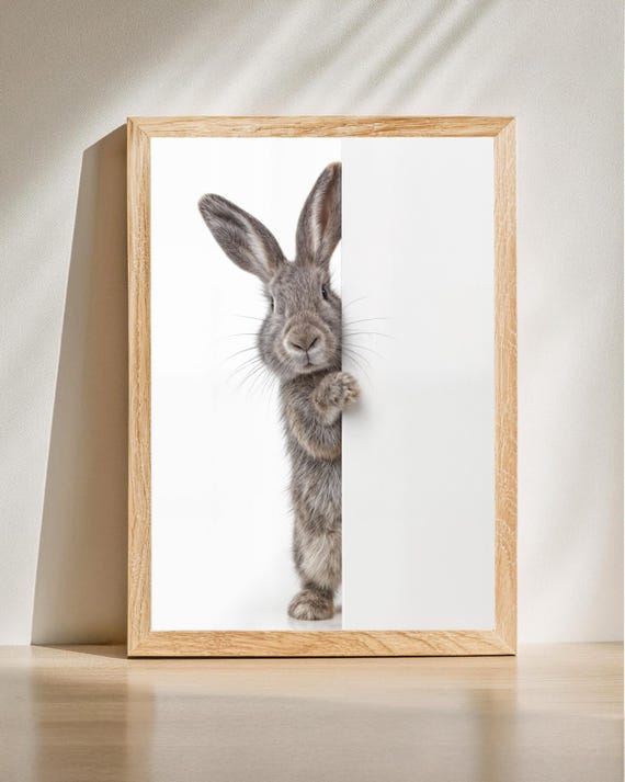 Curious Rabbit Portrait Peekaboo Bunny Wall Art Cute Poster Minimalist Animal Print Whimsical Easter Decor