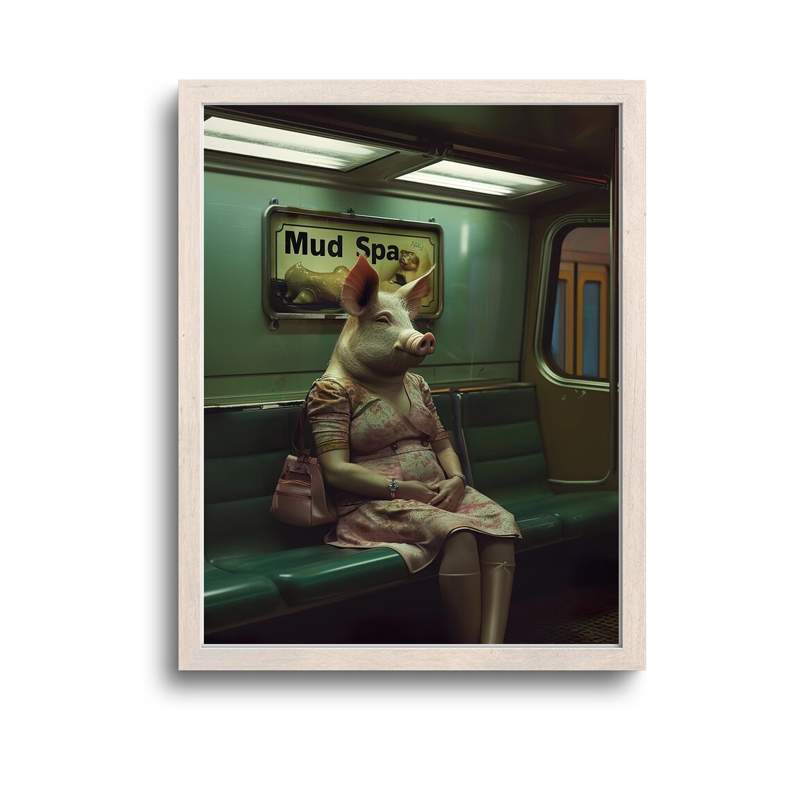 Pig in Floral Dress Riding Subway Mud Spa Funny Animal Poster