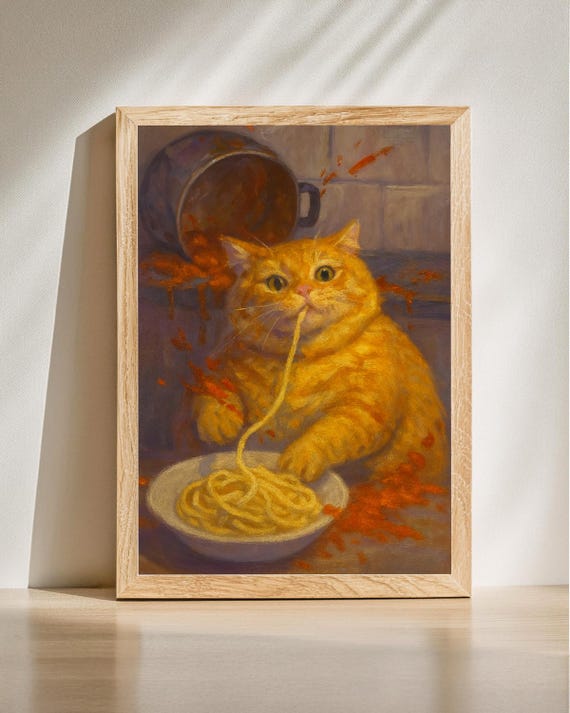 Funny Cat Eating Spaghetti Print Orange Wall Art Lover Gift Kitchen Poster Animal