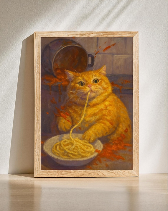Orange Cat Eating Spaghetti Funny Poster Tabby Messy Kitchen Humor Decor