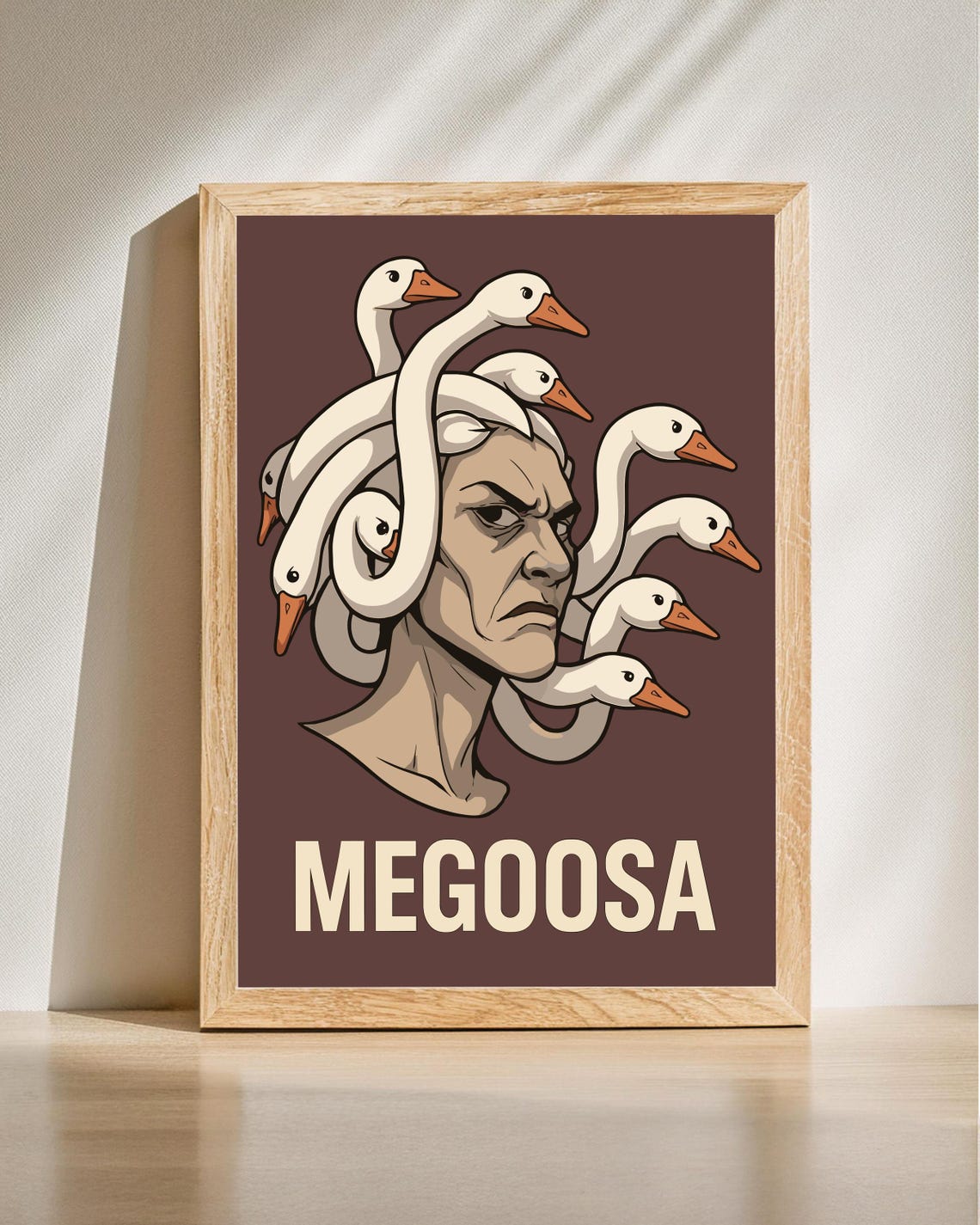 Megoosa Medusa Goose Heads Funny Mythology Parody Brown Wall Art