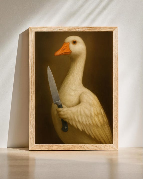 Funny Goose Holding Knife Print Duck Lover Gift Wall Art Dark Humor Animal Poster