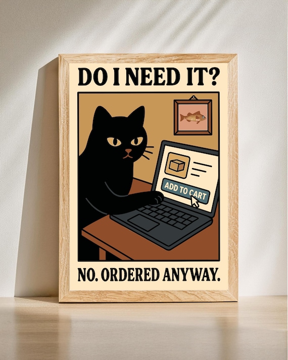 Funny Black Cat Online Shopping Add To Cart Sarcastic Humor Art Print
