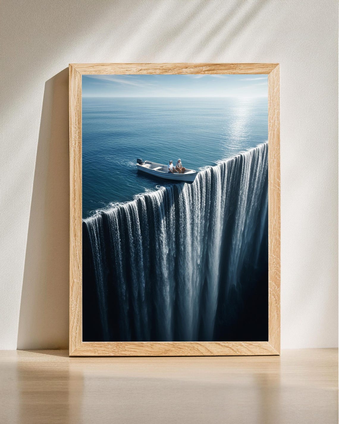 Surreal Ocean Waterfall Edge Boat Dreamlike Adventure Art Poster
